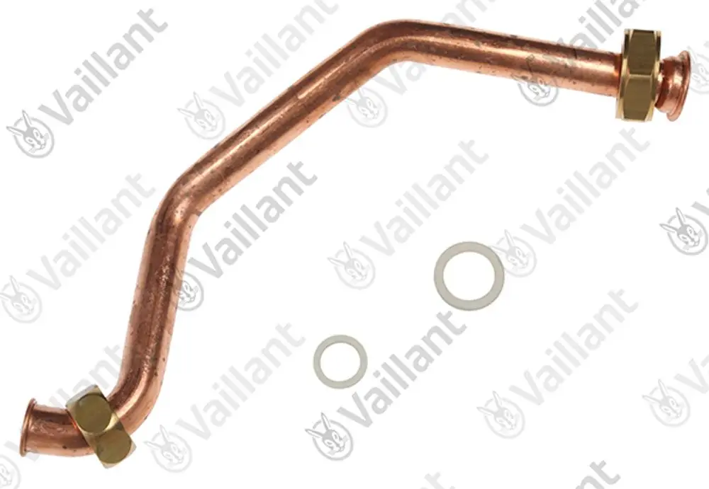 Kupferrohr mit einer Biegung, verbunden mit zwei Kupfermutter und Dichtungen, hergestellt von Vaillant.